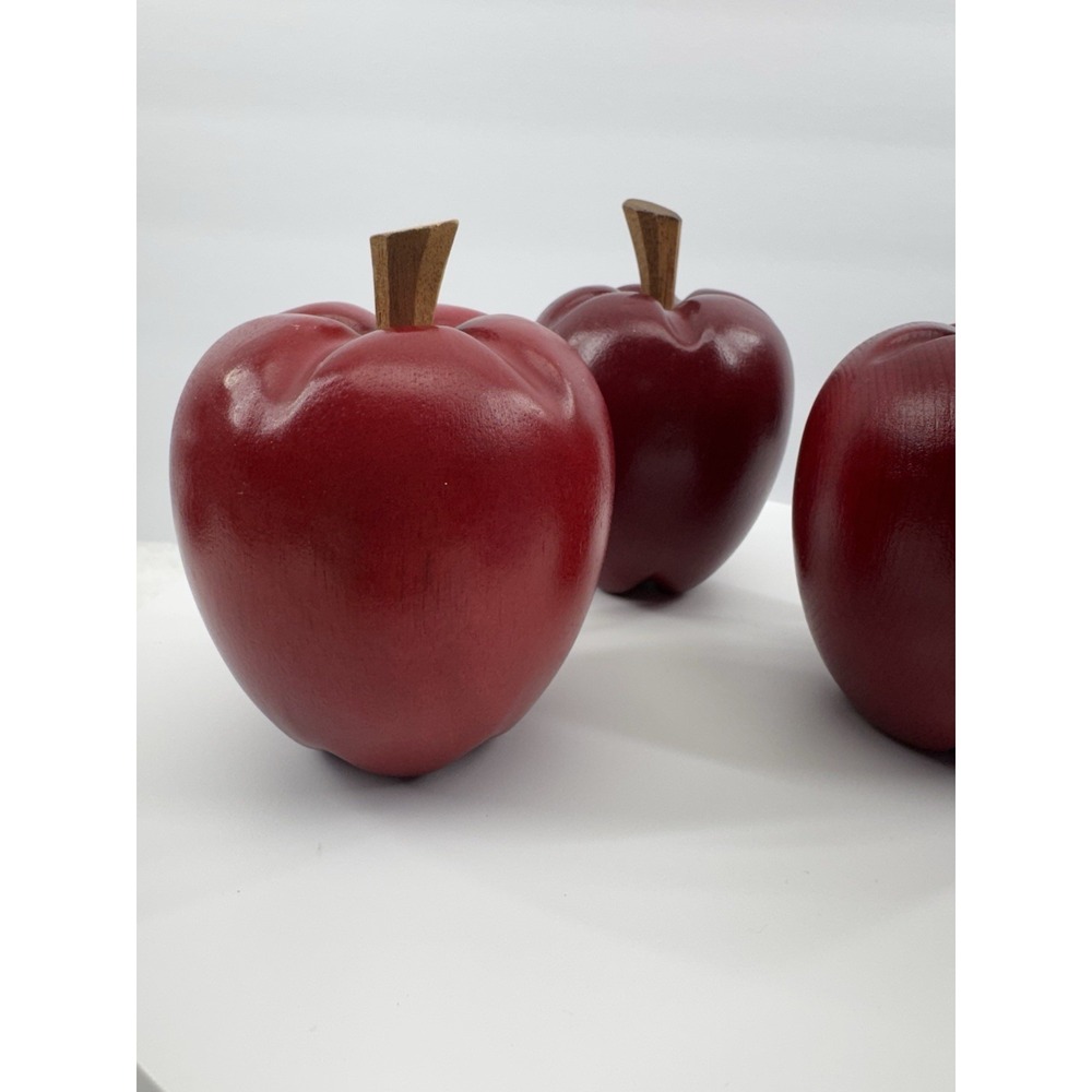 3 Faux Fruit Wood Wooden Red Apples Stems Realistic Farmhouse Decor Heavy - Picture 5 of 13